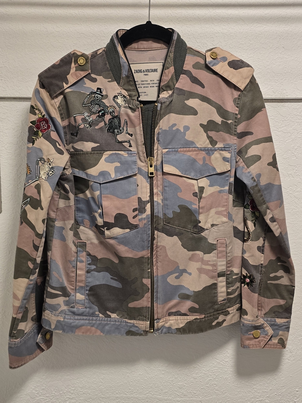 Zadig & Voltaire Pink Camouflage Embroidered Military-Style Bomber Jacket